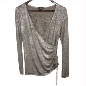 Women's Trouve Metallic Silver Gold Long Sleeve Wrap Top